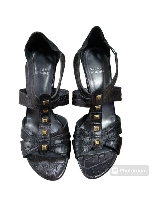Stuart Weitzman Shoes - STUART WEITZMAN BLACK SNAKE PRINT STUDDED LEATHER SANDALS HEELS sz 8.5